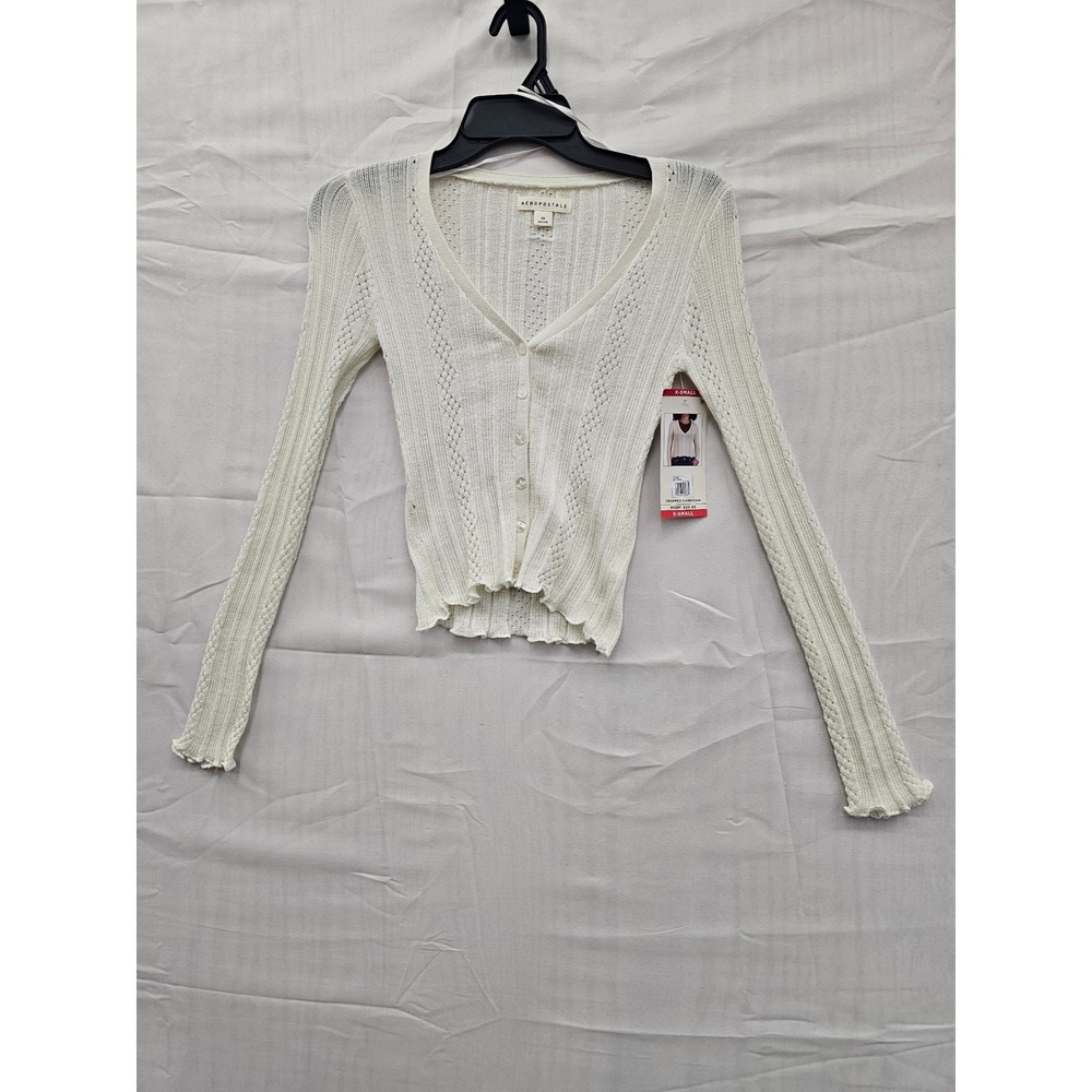 Aeropostale Womens Cropped Cardigan Sweater Tofu White Pointelle Knit XS 157207